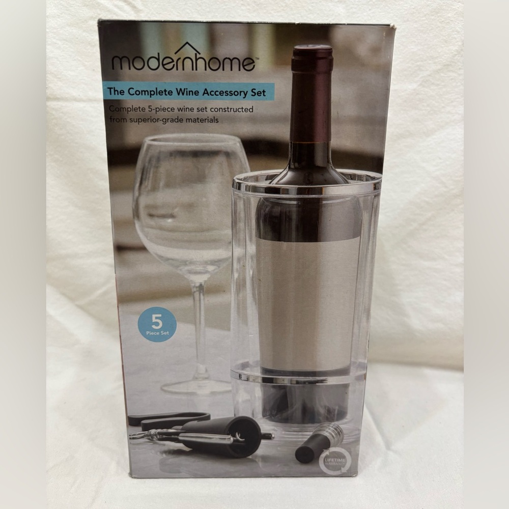 ModernHome 5 Pc Complete Wine Accessory Set- corkscrew. aerator spout, chiller +